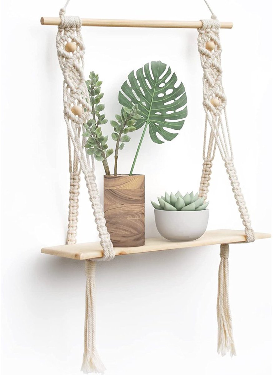 JeiibrZui Handgeweven wandplank - Hangplank - Gemaakt van stevig en duurzaam katoenen touw, met een elegante bohemian stijl, geschikt voor het tentoonstellen van planten en boeken - Los stuk - Geschikt voor woonkamer en badkamer, gebroken wit