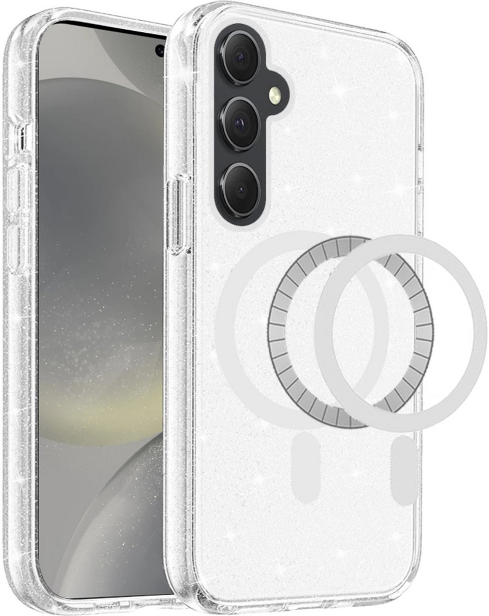 YPCd Glitter Hoesje met MagSafe Geschikt voor Samsung Galaxy S25 – Flexibel TPU Backcover – Schokabsorberend & Verhoogde Randen – Transparant