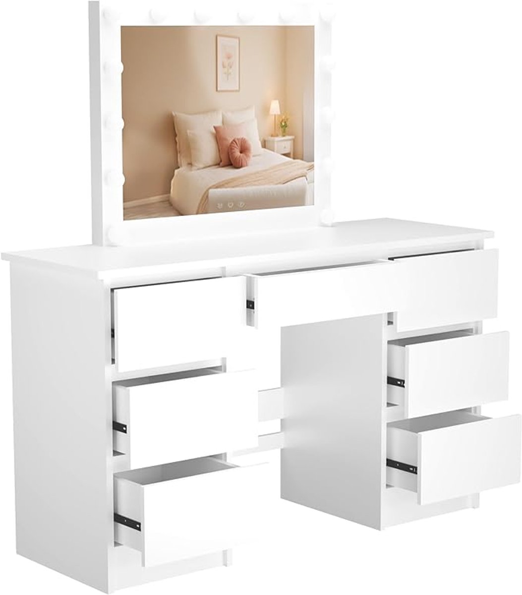 Make-uptafel met LED verlichting en Hollywoodspiegel 130 x 45 x 145 cm – Dimbaar 3 Lichtkleuren – Kaptafel met Spiegel en 7 Laden – Wit – Pauwhome