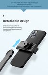 Zwarte smartphone met afneembaar selfie-accessoire, met een blauwe pijl die een los klikmechanisme aangeeft.