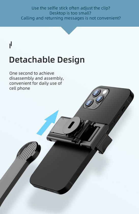 Zwarte smartphone met afneembaar selfie-accessoire, met een blauwe pijl die een los klikmechanisme aangeeft.