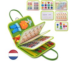 Montessori Activiteiten Boek - Uitgebreide versie - Nederlands - Busy Board - Perfect voor op Vakantie - 8-pagina's - Klok lezen - Motoriek Map voor Thuis en Onderweg - Activiteitenboek - Vaardigheden Kinderen - Educatief Speelgoed - Dieren Groen