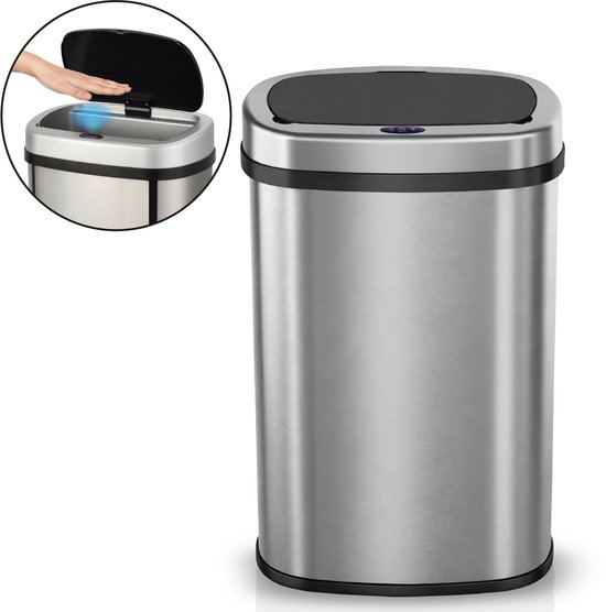 ADSafety Prullenbak met Sensor - 60 Liter - Ovale Afvalbak RVS - Vuilnisbak - Soft Close Deksel - Zilver