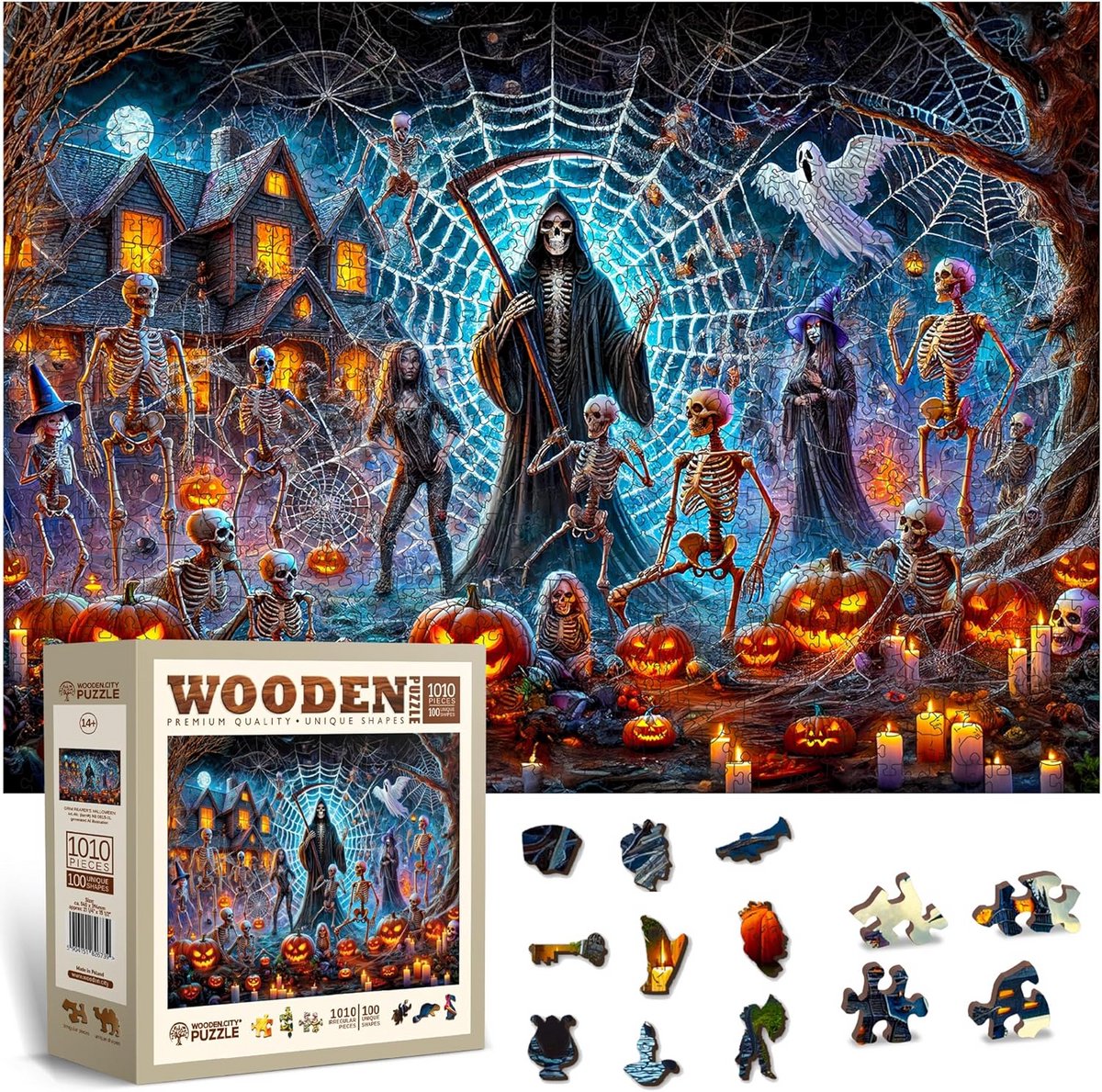 Griezelige Halloween Puzzel van 1000 Stukjes - Houten Legpuzzel Grim Reaper