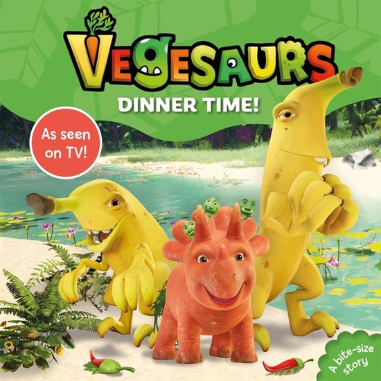 Couverture de Vegesaurs: Dinner Time! avec deux personnages bananes et un dinosaure orange sur une plage.