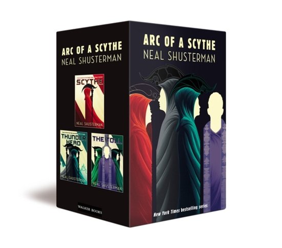 Box set van de 'Arc of a Scythe'-serie van Neal Shusterman, met de boeken Scythe, Thunderhead en The Toll.