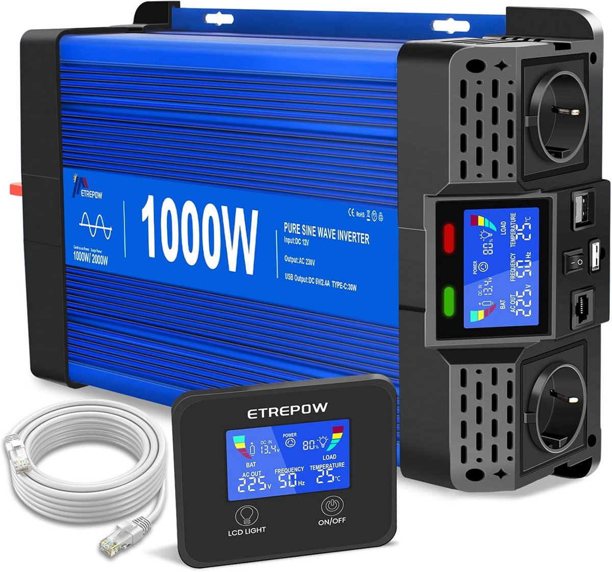 Zuivere Sinus Omvormer 1000W - 12V naar 230V Spanningsomvormer voor Auto en Camper
