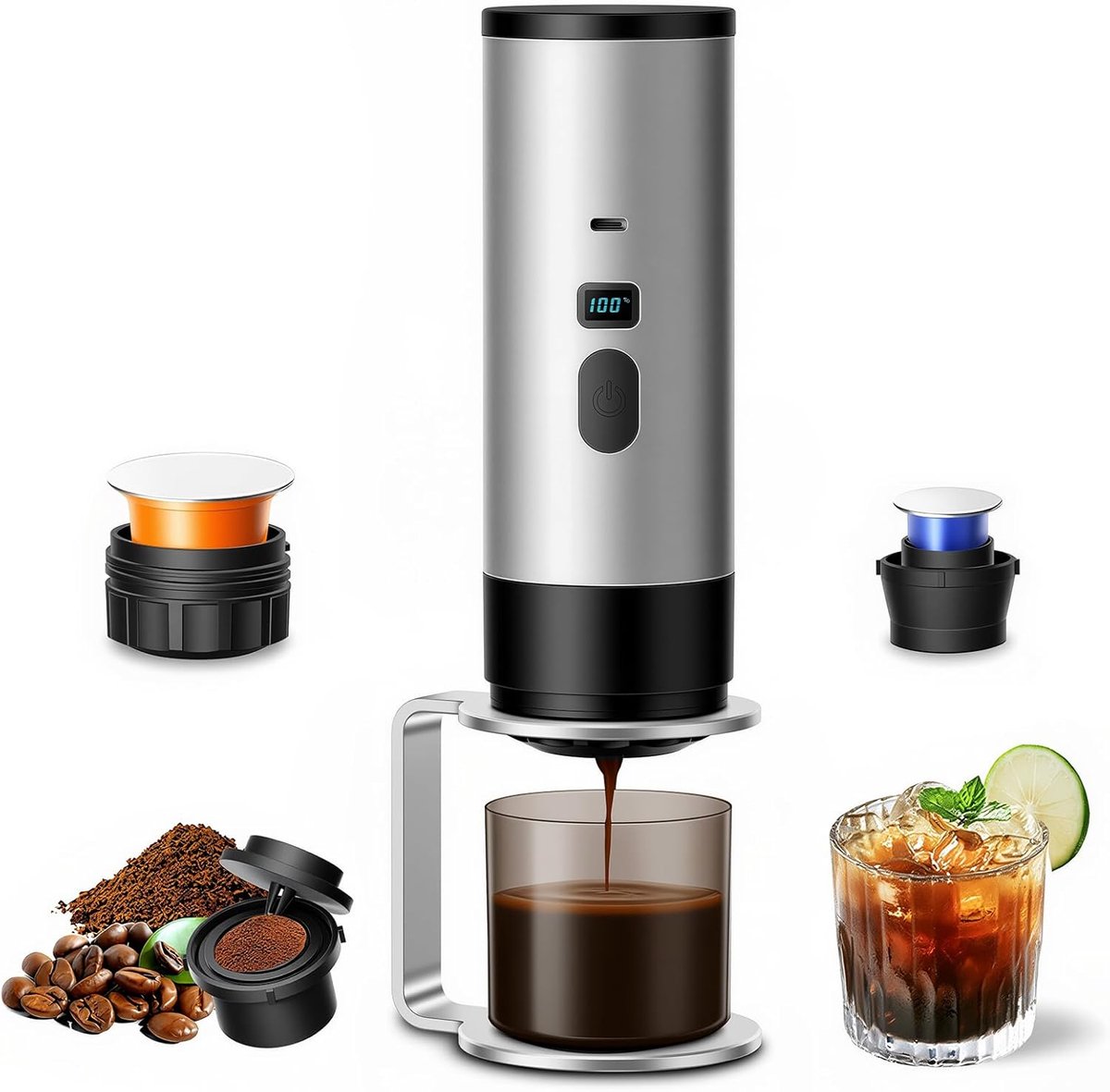 Drie-In-ééN Draagbare Koffiezetapparaat, Draagbare Koffiezetapparaat, Oplaadbare Koffiezetapparaat, Usb-Capsule Espressomachine (Grijs)