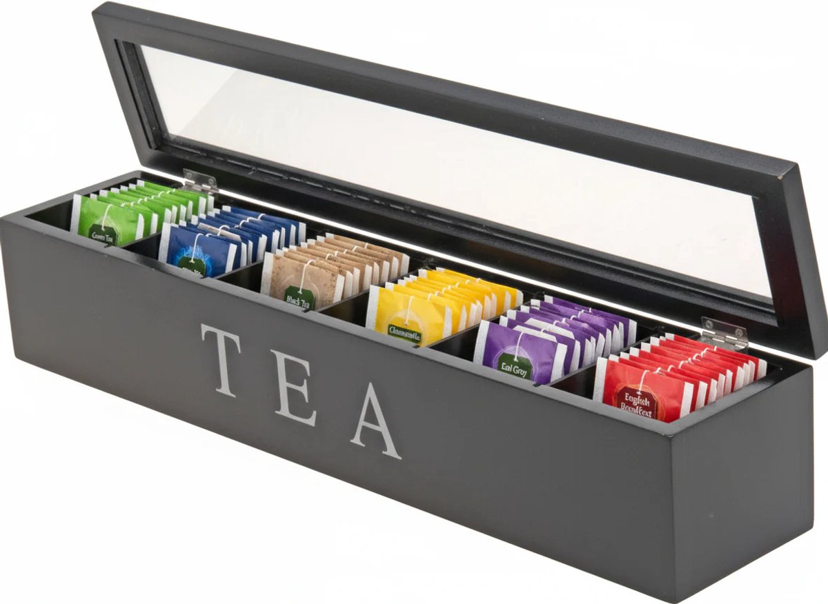 Cookinglife Theedoos - Theekist Theebak - Tea Box - Hout Zwart - Overzichtelijk 6 Vakken - 43 x 9 x 8,7 cm