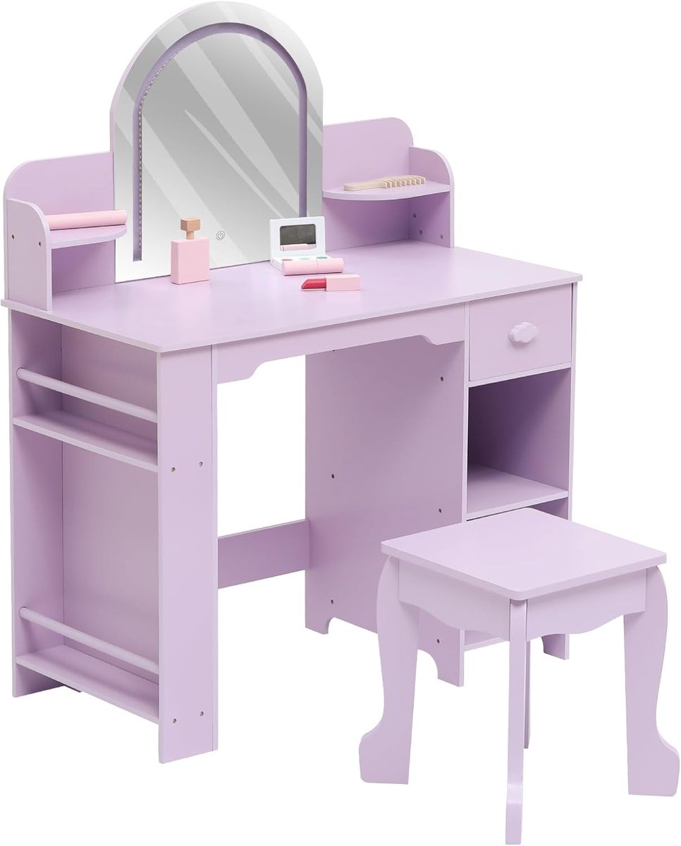Kinder Kaptafel met Verlichte Spiegel - 2‑in‑1 Kaptafel & Krukje voor Meisjes 3‑9 Jaar, met Lade en Open Planken, Met accessoires, paars