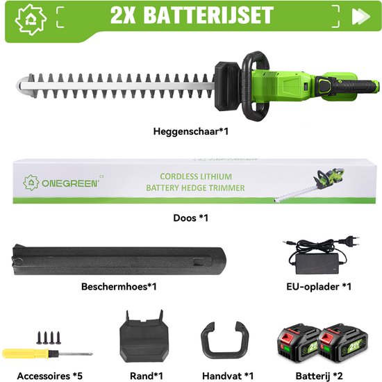 ONEGREEN Accu Heggenschaar - 51cm Snoeilengte - 180° Einstellbarer Kopfwinkel - met 2x Accu's - Elektrische Heggenschaar - voor het maaien van tuin en gazon van OneGreen — afbeelding 4