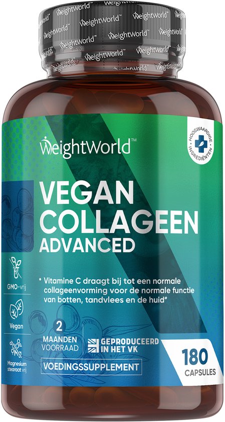 Fles WeightWorld Vegan Collageen Advanced met logo, tekst en informatie over 180 capsules.