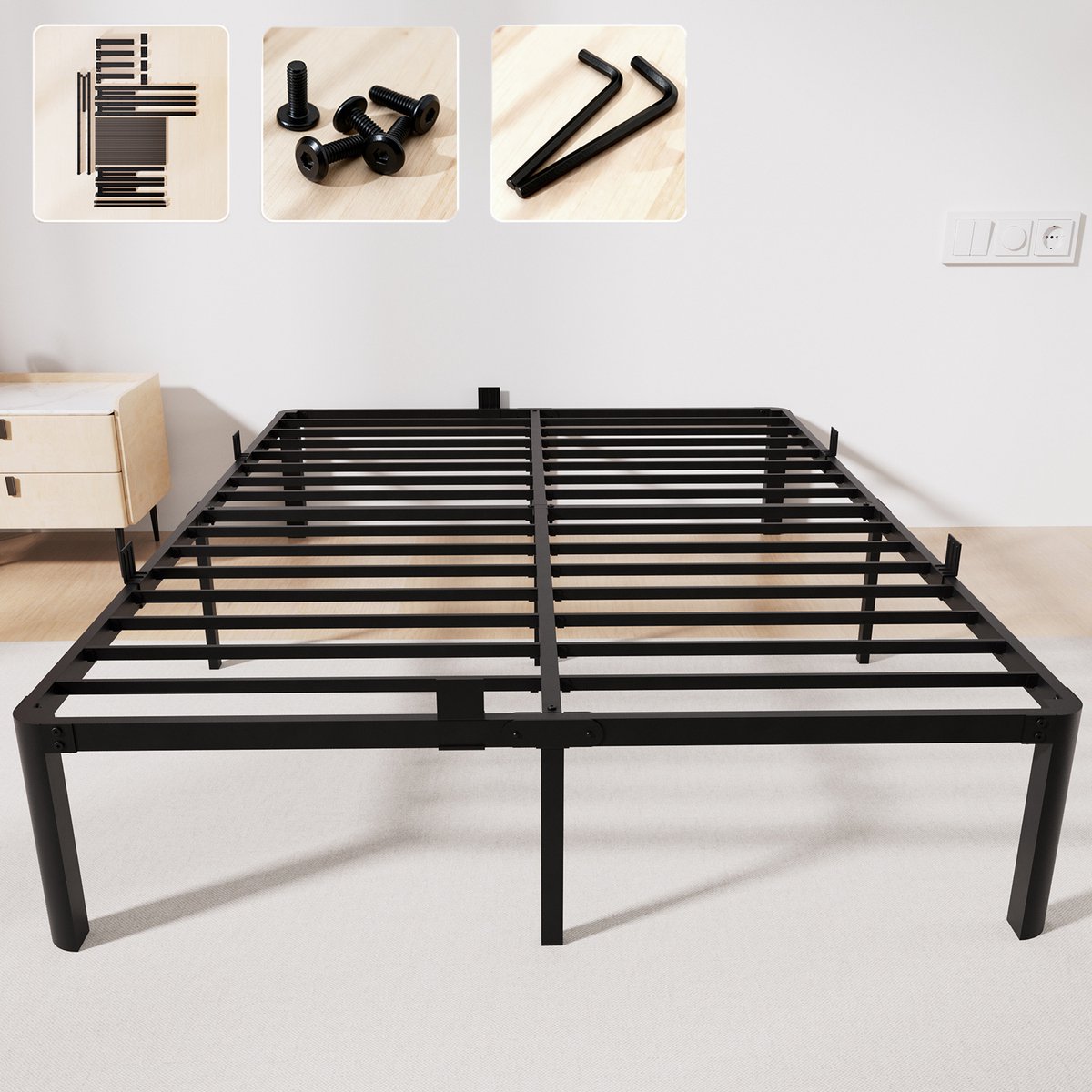 CECIPA® Heavy Duty Metalen Bedframe - 160x200 cm - Minimalistisch Metalen Bed - Tweepersoonsbed - tevig - Stil - Anti Slip - Grote Opbergruimte Onder Bed - Lattenbodem - Schroefloze Montage - Zwart