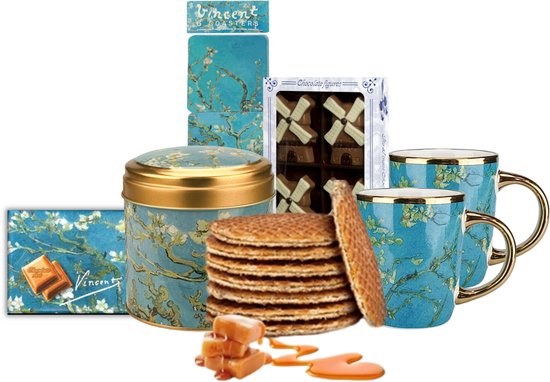 Souvenirs Holland - Fleur d'amandier Van Gogh - Tasses à café - Forfait Holland - Stroopwafels - Cadeaux hollandais - Van Gogh - Moulin