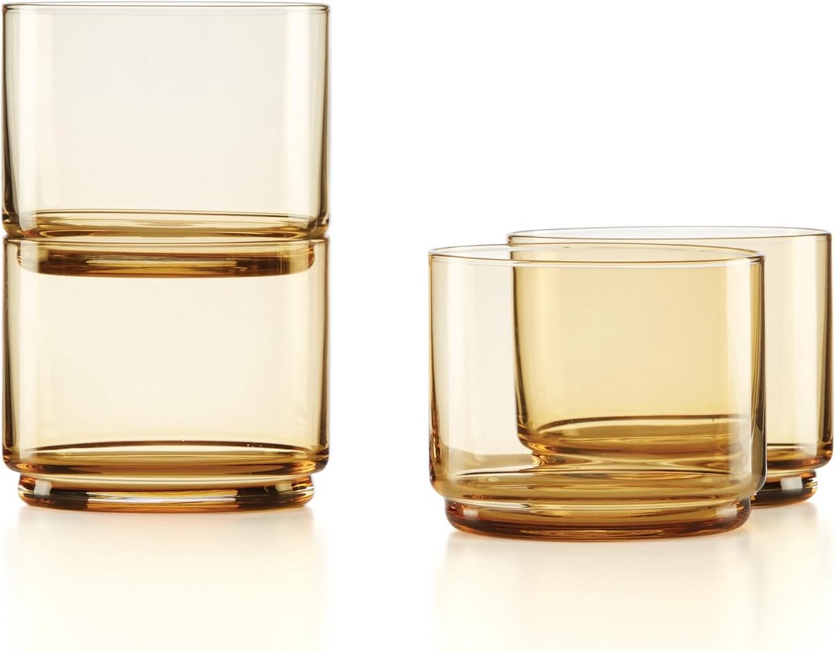 Set van 4 Amberkleurige Korte Drinkglazen - Stapelbaar Amber Glaswerk