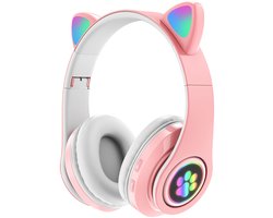 Draadloze Bluetooth-oortjes met een opvallend kattenoortjesdesign, stereo-koptelefoon met microfoon en verstelbare hoofdband, Geschikt voor desktops, laptops, tablets en smartphones. Kleur: Roze