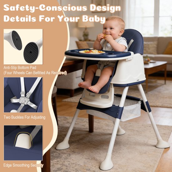 Soontrans - Compact Kinderstoel - Eetstoel Afneembare Wielen - 5-punts Gordel - Peuterstoel Uitneembaar Kussen - Meegroeistoel Aan Tafel met Opbergmand - Babystoel met Afneembare Eetblad - Blauw van Soontrans — afbeelding 2