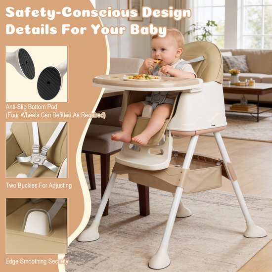 Soontrans - Compact Kinderstoel - Eetstoel Afneembare Wielen - 5-punts Gordel - Peuterstoel Uitneembaar Kussen - Meegroeistoel Aan Tafel met Opbergmand - Babystoel met Afneembare Eetblad - Beige van Soontrans — afbeelding 2