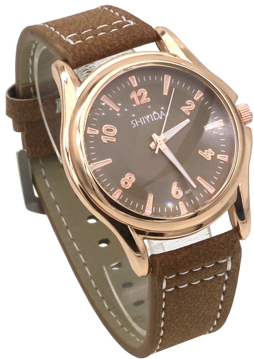 Horloge - quartz - PU band - bruin - unisex