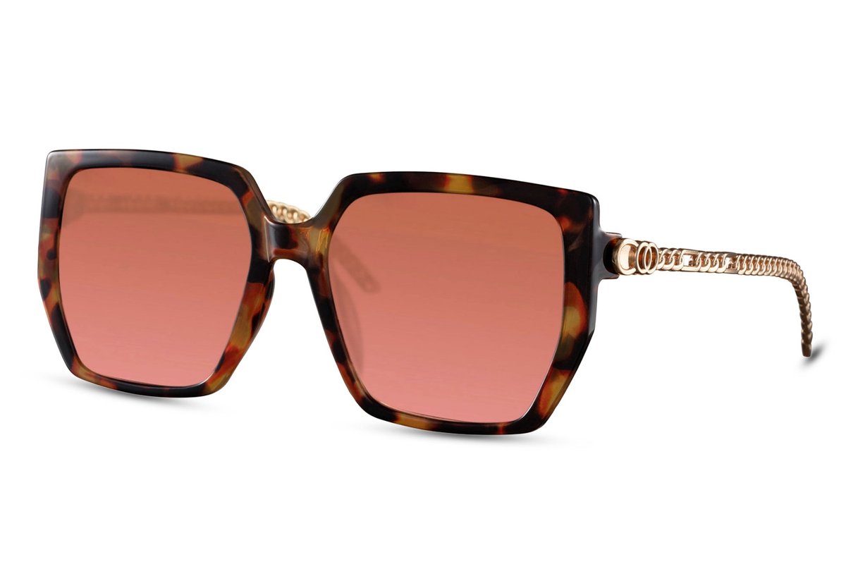 6411 Solo-Solis Oversized Shield Zonnebril | Roze Transparante Lens | Bruin Montuur & Gouden Pootjes | Hipster & Vintage Bril | Retro & Classic | Festival & Carnavals Bril | Dames | Trendy Party & Outdoor Bril | Inclusief Brillen Sleeve & Brillendoek