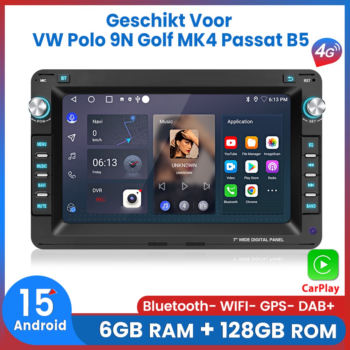 Awesafe Android 15 6+128GB 8-Core V1PRO Autoradio - Geschikt Voor VW Polo 9N Golf MK4 Passat B5 - Draadloos Carplay Android Auto - GPS Navigatie 4G WiFi - 7 Inch Touchscreen - Bluetooth FM RDS DSP - Radio Scherm