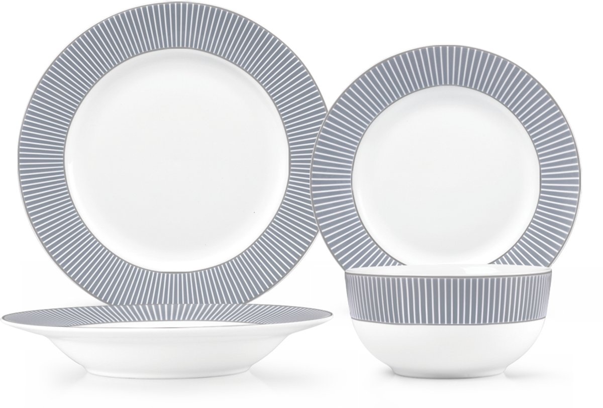 Swiss Haus® DS24S Luxe Serviesset - 24 Delig - 6 Persoons - Porselein - Bordenset – Dinner Platen – Dessertborden - Kommen - Pastabord - Wit / Grijs