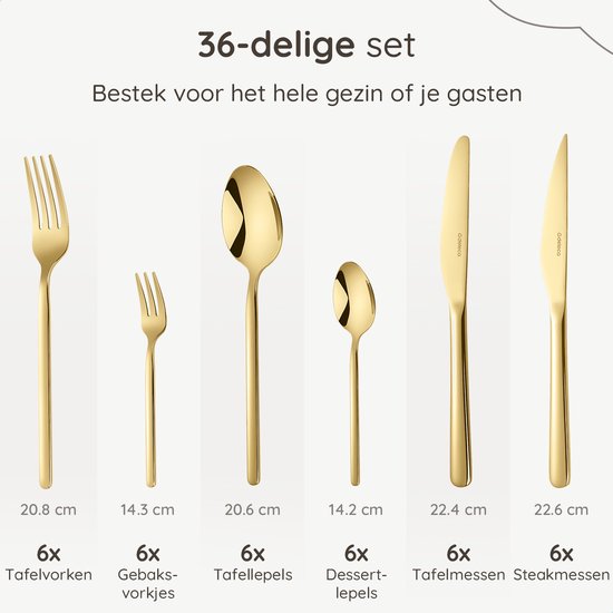 6 tafelvorken, 6 gebaksvorkjes, 6 tafellepels, 6 dessertlepels, 6 tafelmessen, 6 steakmessen in goud.