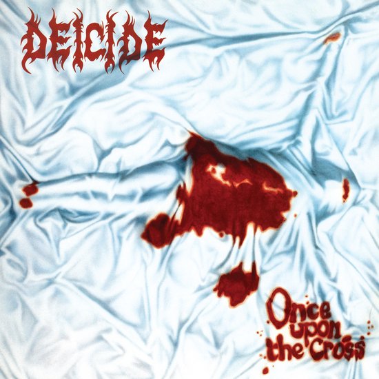 Pochette du disque vinyle 'Once Upon the Cross' de Deicide. Pochette blanche avec des taches de sang rouges et le texte rouge 'Deicide' et 'Once Upon the Cross'. Un bras stylisé avec des taches de sang est visible sur la pochette.