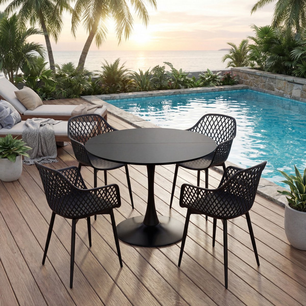 EGGREE Tuinstoelen voor buiten - set van 4 - kunststof stoelen met armleuningen en metalen poten - tuinstoelen voor buiten voor het terras - balkon - eetkamer en woonkamer - rugleuning met opengewerkt ontwerp - zwart thumbnail 2