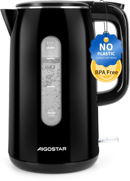 Aigostar Waterkoker Dubbelwandig - 1,7 Liter - Cool-touch - Warmhoudfunctie - Elektrische Waterkoker - 2200W - Zwart