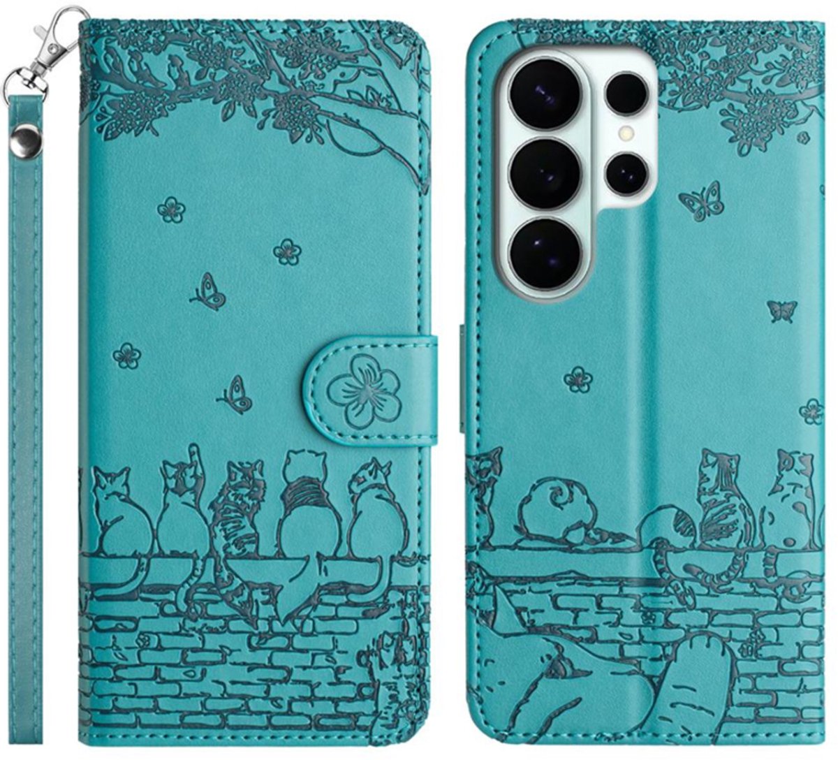 BookCover Hoes Etui geschikt voor Samsung Galaxy S26 ULTRA - Turquoise - Katten op Muurtje - Reliëf