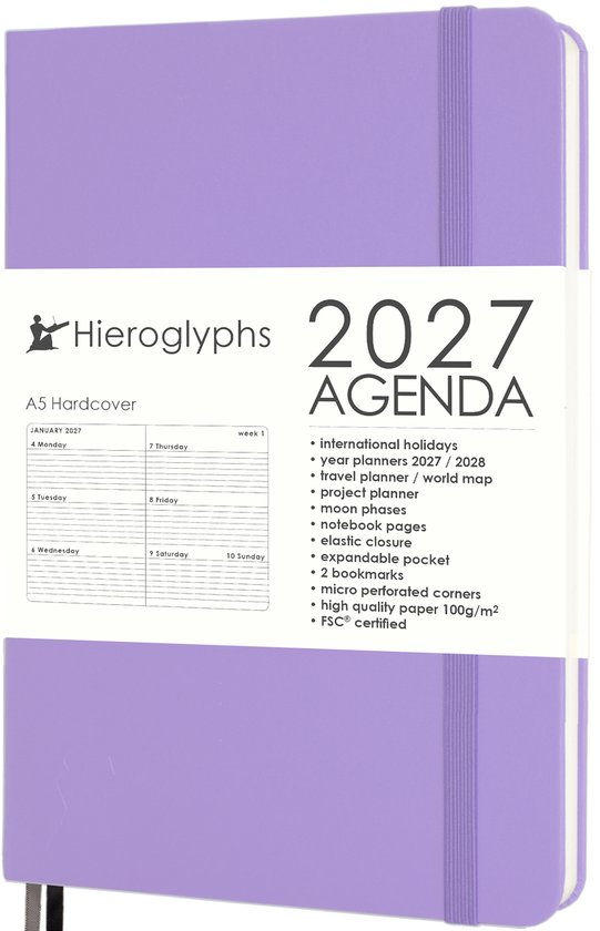 Hieroglyphs Agenda 2027 A5 - 1 Week op 2 pagina's - Harde Kaft - Elastiek - Opbergvak - 2 Bladwijzers - Weekagenda Jaaragenda Volwassenen - Lila