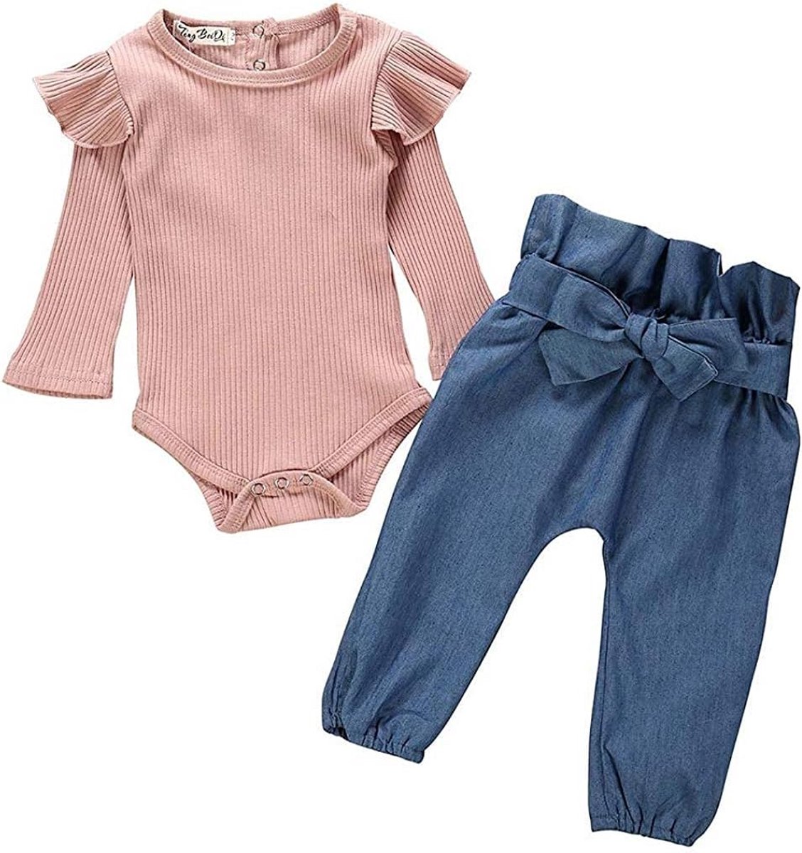 Schattige Set voor Pasgeboren Baby Meisjes: Romper met Ruches en Denim Strik Broek
