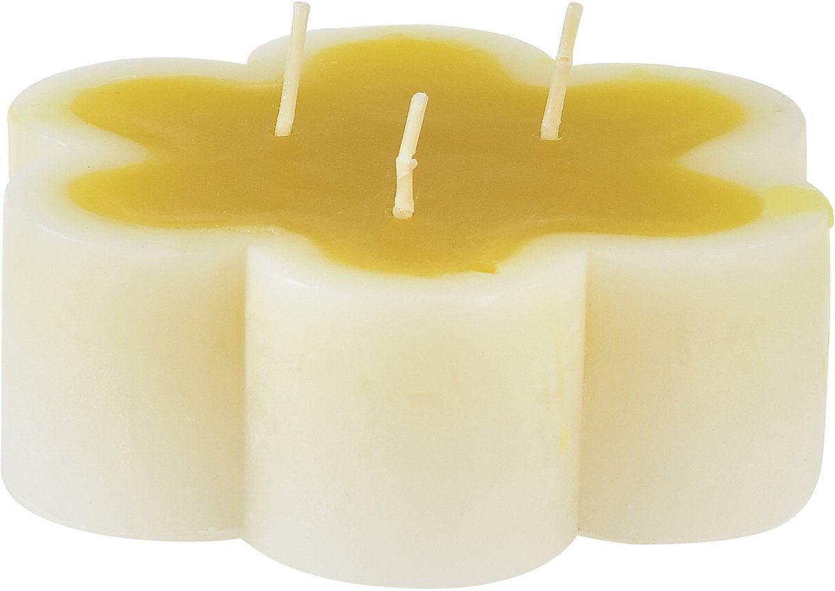 Kaars met drie lonten decoratieve bloemenkaars geel wit Ø11,5cm H4cm