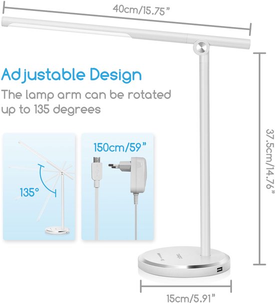 Aigostar Bureaulamp led dimbaar - 10 helderheidsmodi - 5 lichtkleuren - Opvouwbaar - USB Opladen - Smart Touch - Leeslamp - Tafellamp - Wit van Aigostar — afbeelding 5