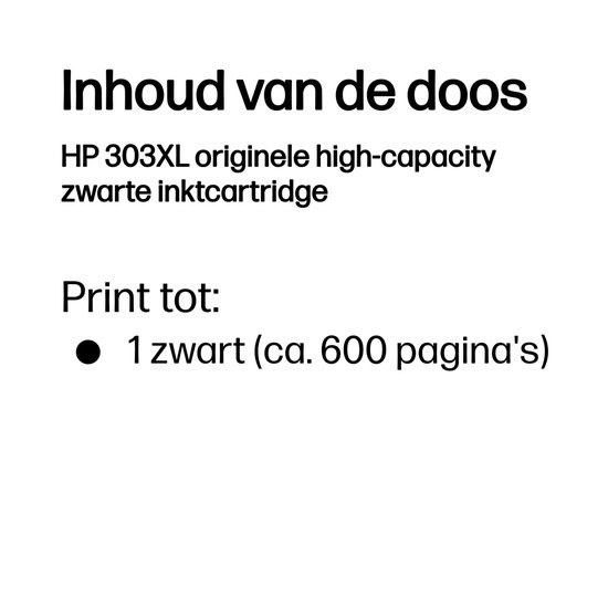 Inhoud van de doos: HP 303XL originele high-capacity zwarte inktcartridge. Print tot 1 zwart (ca. 600 pagina's).