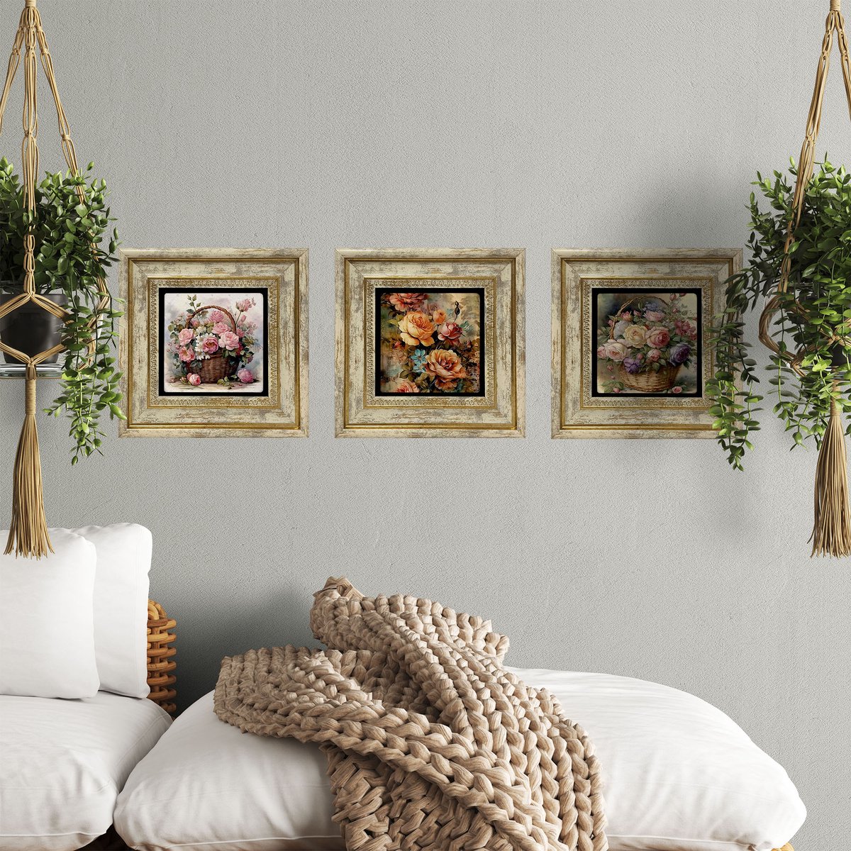 Artlijn Vintage Bloemen Wanddecoratie – Set van 3 Natuursteen Art Prints – Travertin Steen – Flower Basket Illustratie