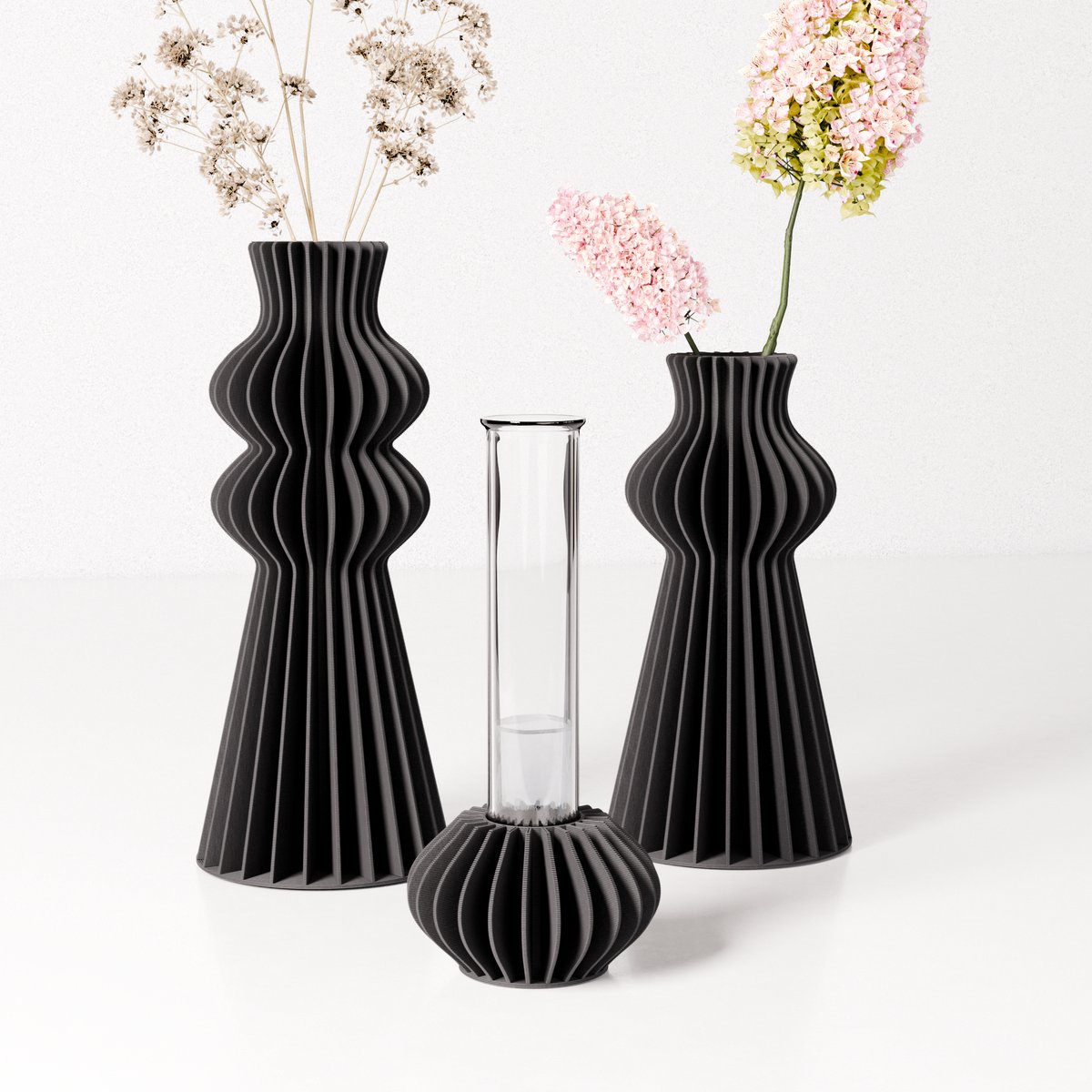 Fleuriek Mini vazen set van 3 voor bloemen en stekjes - Zwart - Design tafelvaasjes met reageerbuis
