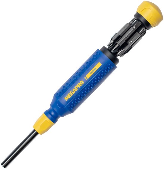 Megapro 15-in-1 schroevendraaier met blauw-gele handgreep en uitklapbare bits.