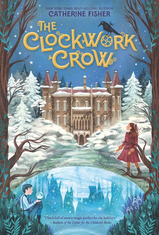 Boekcover met een meisje in een rode jurk en jongen bij een bevroren meer voor een besneeuwd kasteel, met de titel 'The Clockwork Crow'.