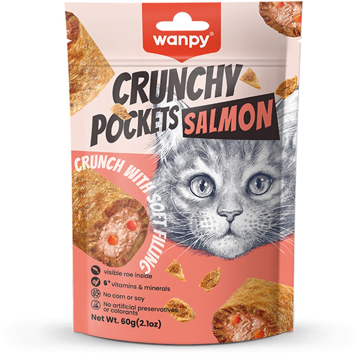 Wanpy - Crunchy pockets - Zalm - Kattensnack - Knapperige snacks met zachte vulling van zalm met kaviaar
