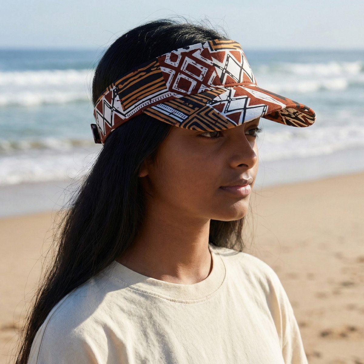 Zonneklep / Pet met Afrikaanse print - Zonnecap - Zomerpet - Sun visor - Bruine Bogolan Mosaic
