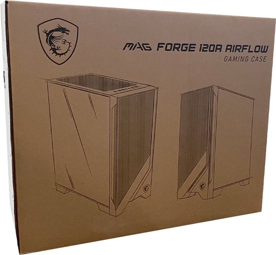 Doos van de MSI MAG Forge 120R Airflow gaming pc-behuizing met schematische tekeningen van de behuizing.