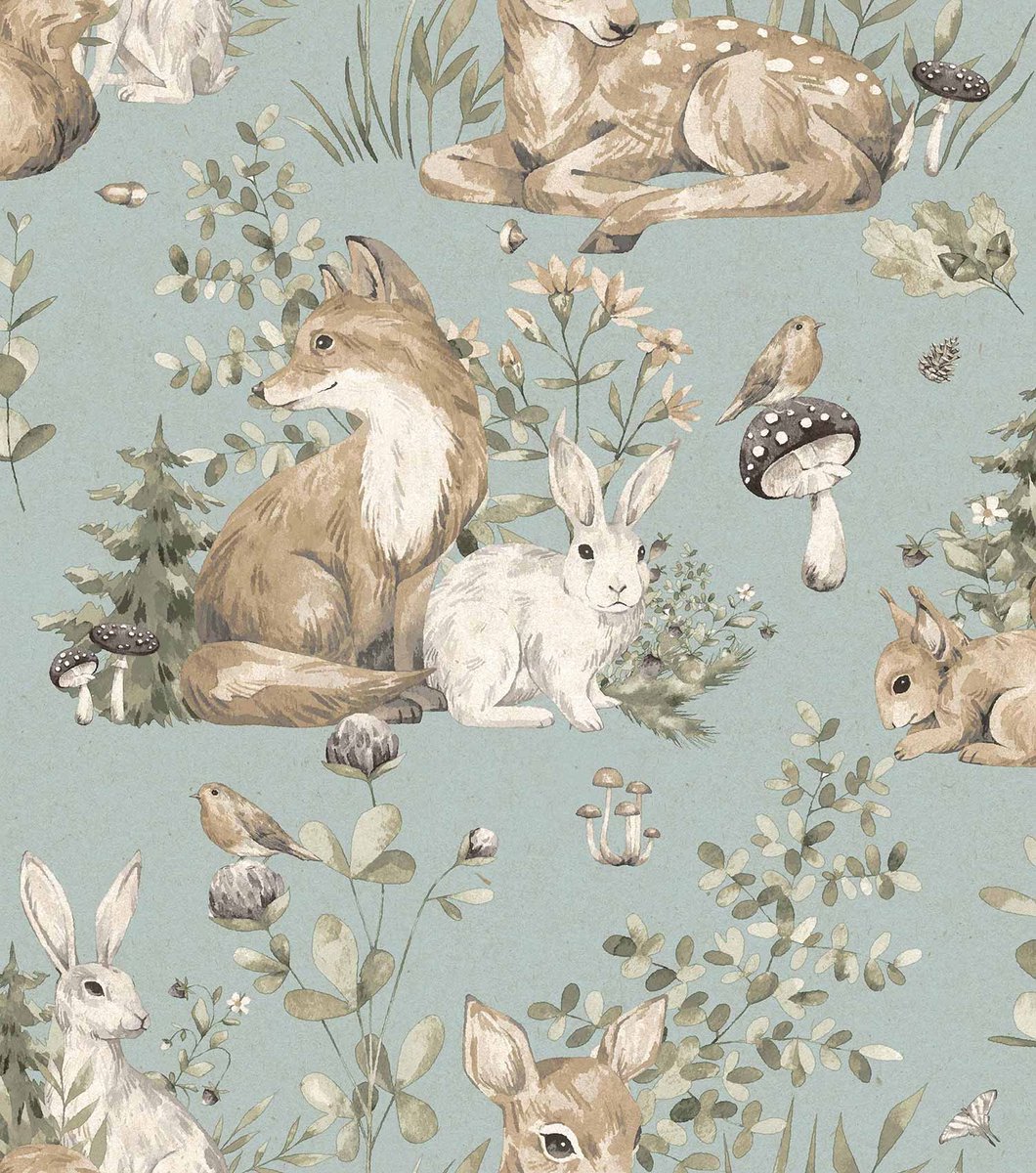 Behang - Kinderkamer – Bosdieren - Blauw - Bruin - Groen- Babykamer - Kinderbehang – Dieren - Hert - Vos - Konijn - 0,53 x 10,05 M