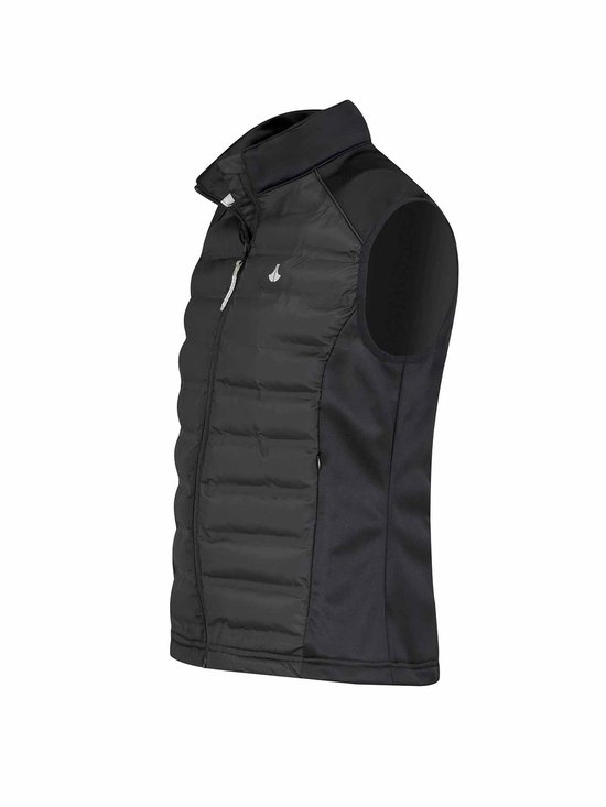 Zij-aanzicht van een zwarte, gewatteerde bodywarmer voor dames van Bjørnson met ritssluiting.