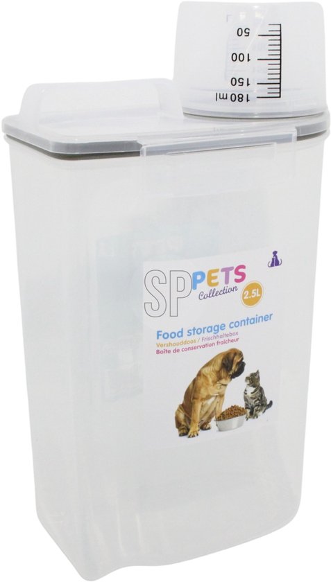 Récipient alimentaire pour animaux de compagnie - avec tasse à mesurer - plastique - 2,5 litres - boîte à saupoudrer - nourriture pour chiens et chats