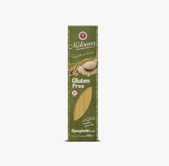 Spaghetti sans gluten La Molisana dans un emballage vert avec du texte.