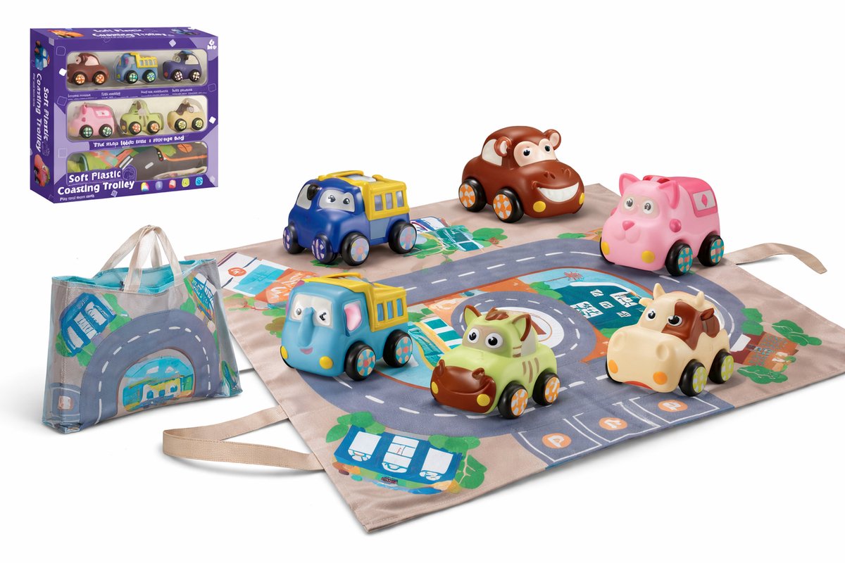 Zachte speelgoedauto's voor baby's en kinderen met speelmat en opbergtas - 6 stuks - bijtspeelgoed - speelgoed 1 jaar - speelgoed 2 jaar - ONELIV