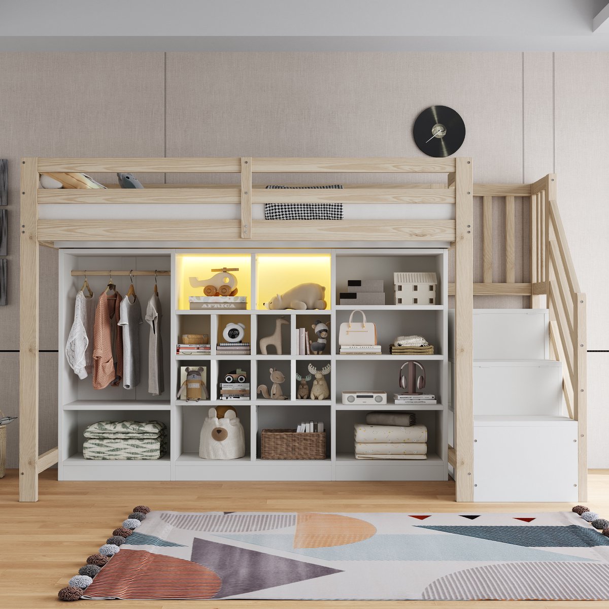 Wishdor Hoogslaper 90x200 cm - Opbergruimte, Kledingkast & LED - Hout Naturel‑Wit Natuurlijk hout, Wit
