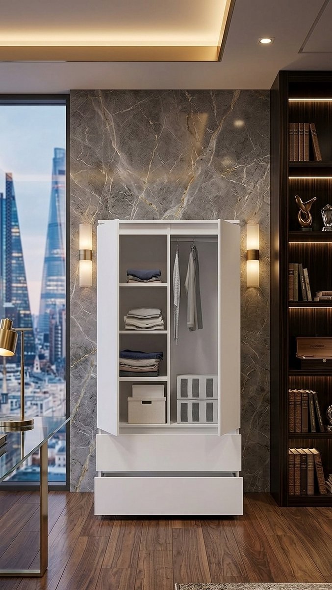 ModernaSpace Luxe Kledingkast met Lades en Kledingstang – 90x50x180 cm Multifunctionele Garderobekast met 3 Planken – Ruimtebesparende Opbergkast voor Slaapkamer, Hal en Logeerkamer – Wit | novihome